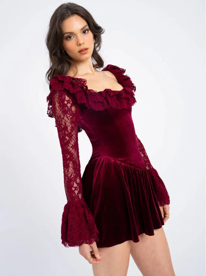 LVSANW Mozision Lace Flare Long Sleeve Sexy Mini Dress For Women Elegant Burgundy Lace-up Square Collar Backless Club Party Dress