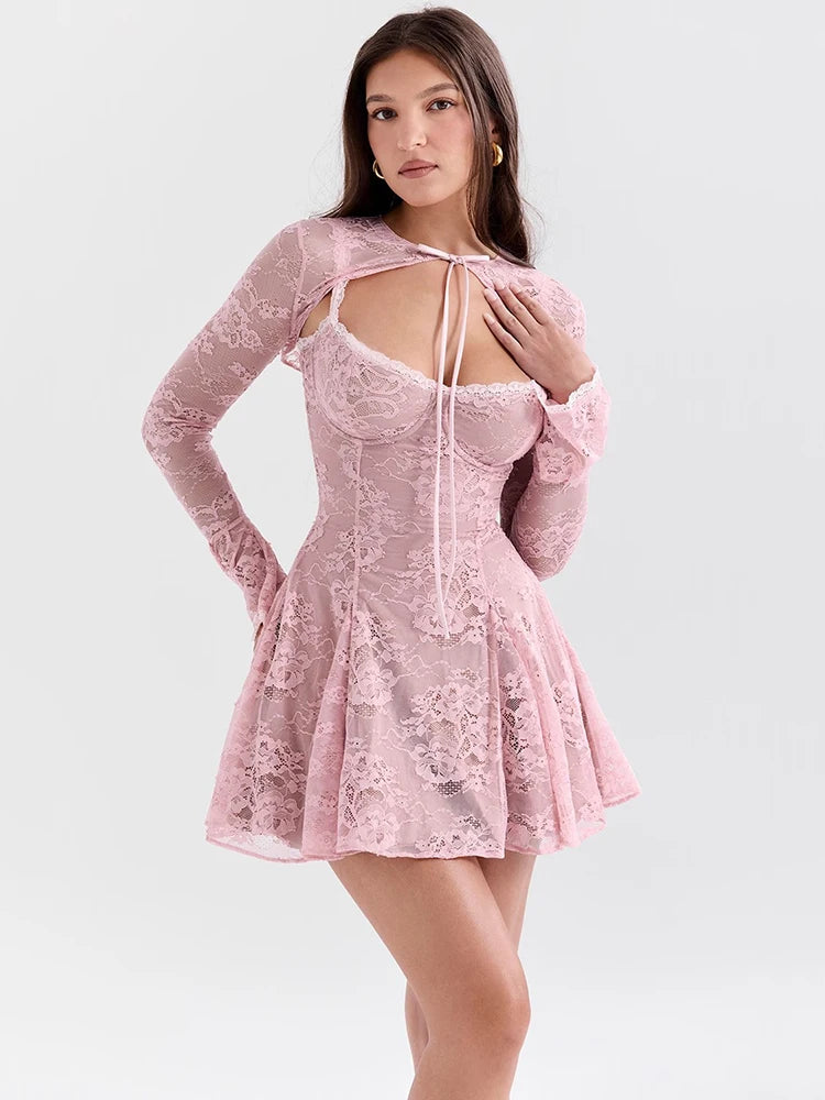 LVSANW Mozision Lace Flare Long Sleeve Sexy Mini Dress For Women Robe Autumn New Pink O Neck A-line High Waist Pleated Dress Elegant