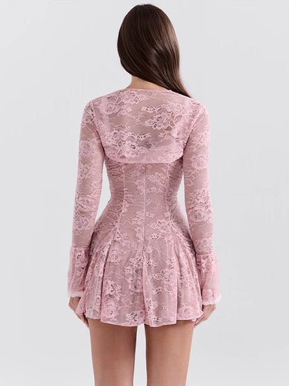 LVSANW Mozision Lace Flare Long Sleeve Sexy Mini Dress For Women Robe Autumn New Pink O Neck A-line High Waist Pleated Dress Elegant