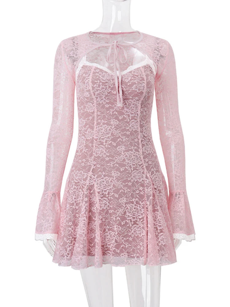 LVSANW Mozision Lace Flare Long Sleeve Sexy Mini Dress For Women Robe Autumn New Pink O Neck A-line High Waist Pleated Dress Elegant