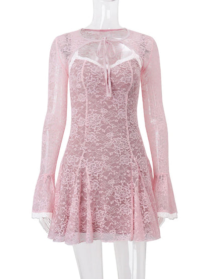 LVSANW Mozision Lace Flare Long Sleeve Sexy Mini Dress For Women Robe Autumn New Pink O Neck A-line High Waist Pleated Dress Elegant