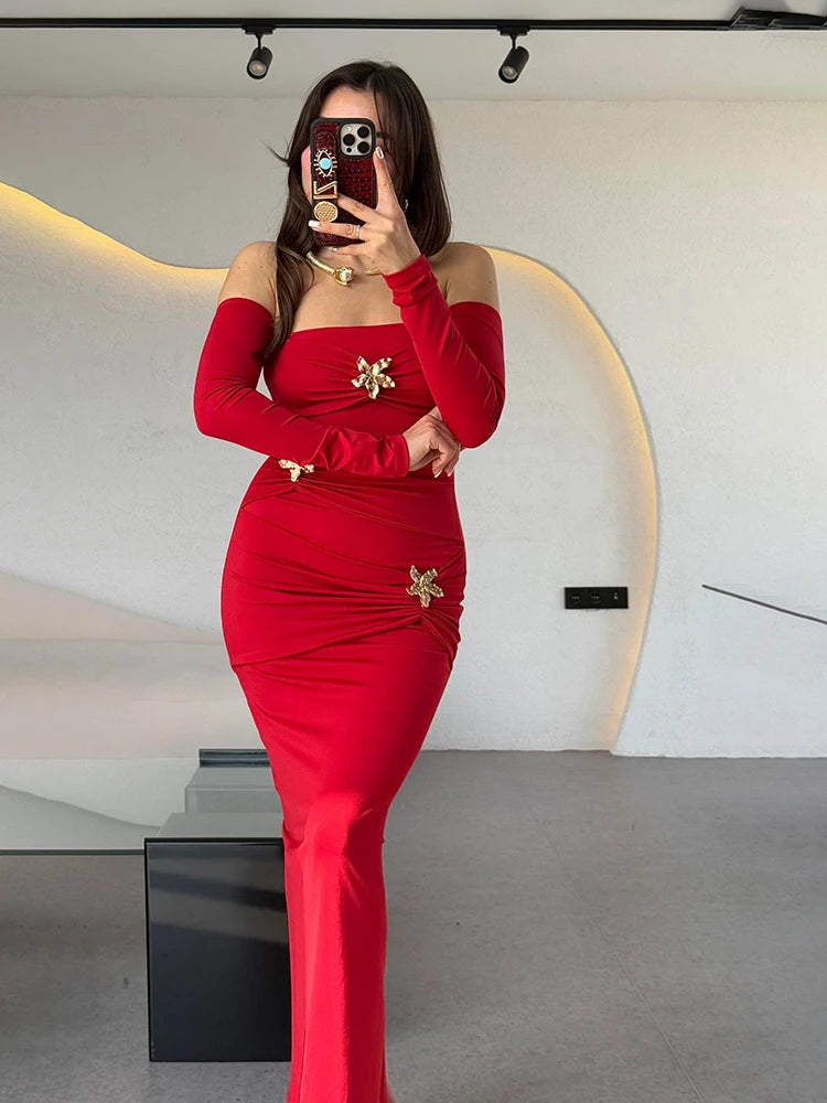 LVSANW Mozision Metal Buckle Strapless Sexy Maxi Dress For Women Off-shoulder Backless Long Sleeve Ruched Bodycon Club Long Dress