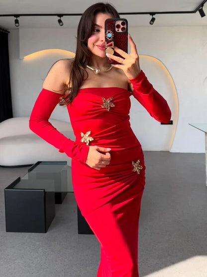 LVSANW Mozision Metal Buckle Strapless Sexy Maxi Dress For Women Off-shoulder Backless Long Sleeve Ruched Bodycon Club Long Dress