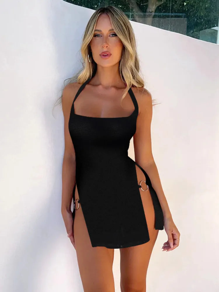 LVSANW Mozision Metal Circle Split Mini Dress For Women 2024 Summer New Black Halter Backless Sleeveless Bodycon Short Dress Vestidos