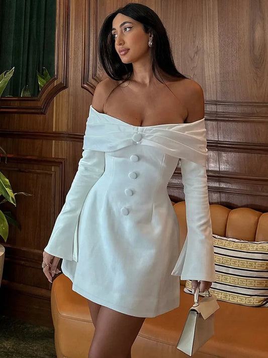 LVSANW Mozision Off-shoulder Long Flare Sleeve Sexy Mini Blazer Dress For Women Autumn Winter New Strapless Backless Elegant Dress