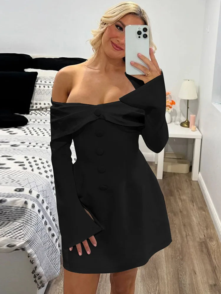 LVSANW Mozision Off-shoulder Long Flare Sleeve Sexy Mini Blazer Dress For Women Autumn Winter New Strapless Backless Elegant Dress