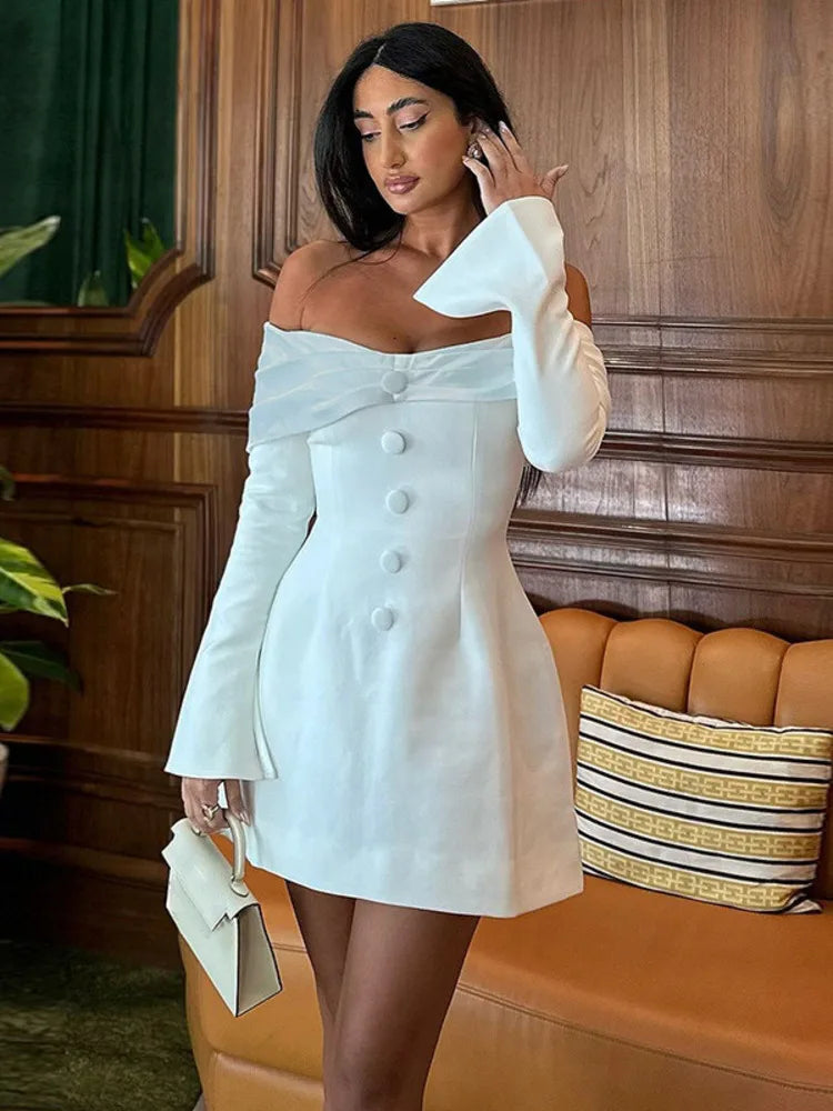 LVSANW Mozision Off-shoulder Long Flare Sleeve Sexy Mini Blazer Dress For Women Autumn Winter New Strapless Backless Elegant Dress