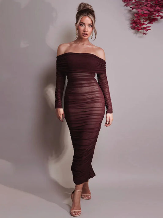 LVSANW Mozision Off-shoulder Long Sleeve Sexy Maxi Dress For Women Autumn New Strapless Backless Bodycon Ruched Party Long Dress