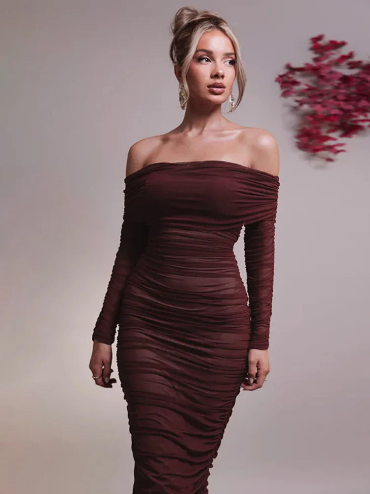 LVSANW Mozision Off-shoulder Long Sleeve Sexy Maxi Dress For Women Autumn New Strapless Backless Bodycon Ruched Party Long Dress