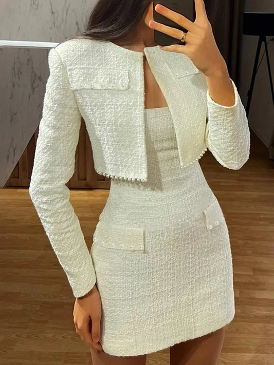 LVSANW Mozision Pearl Dress Sets Women Autumn Long Sleeve Coat And Mini Dress Two Piece Sets Femme Sexy Strapless Dress Matching Sets