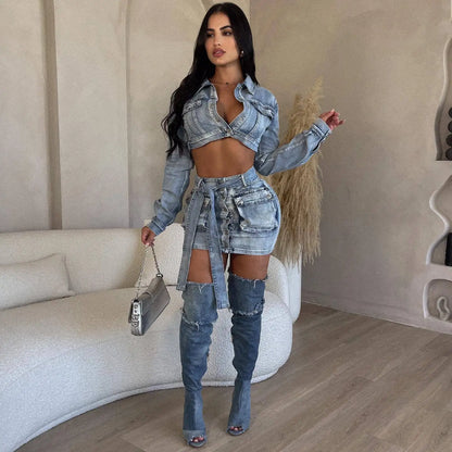 LVSANW Multi Pockets Denim Skirt Outfit Set Sexy Women Elegant Two Pieces Jeans Club Matching Set Top+Mini Skirt