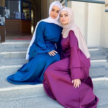 LVSANW Muslim Women Long Sleeve Hijab Dress Soft Satin Dubai Abaya Islam Kaftan Summer Prayer Long Robe Islamic Fashion Clothing