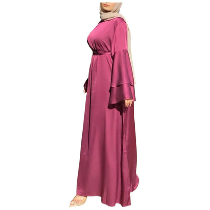 LVSANW Muslim Women Long Sleeve Hijab Dress Soft Satin Dubai Abaya Islam Kaftan Summer Prayer Long Robe Islamic Fashion Clothing