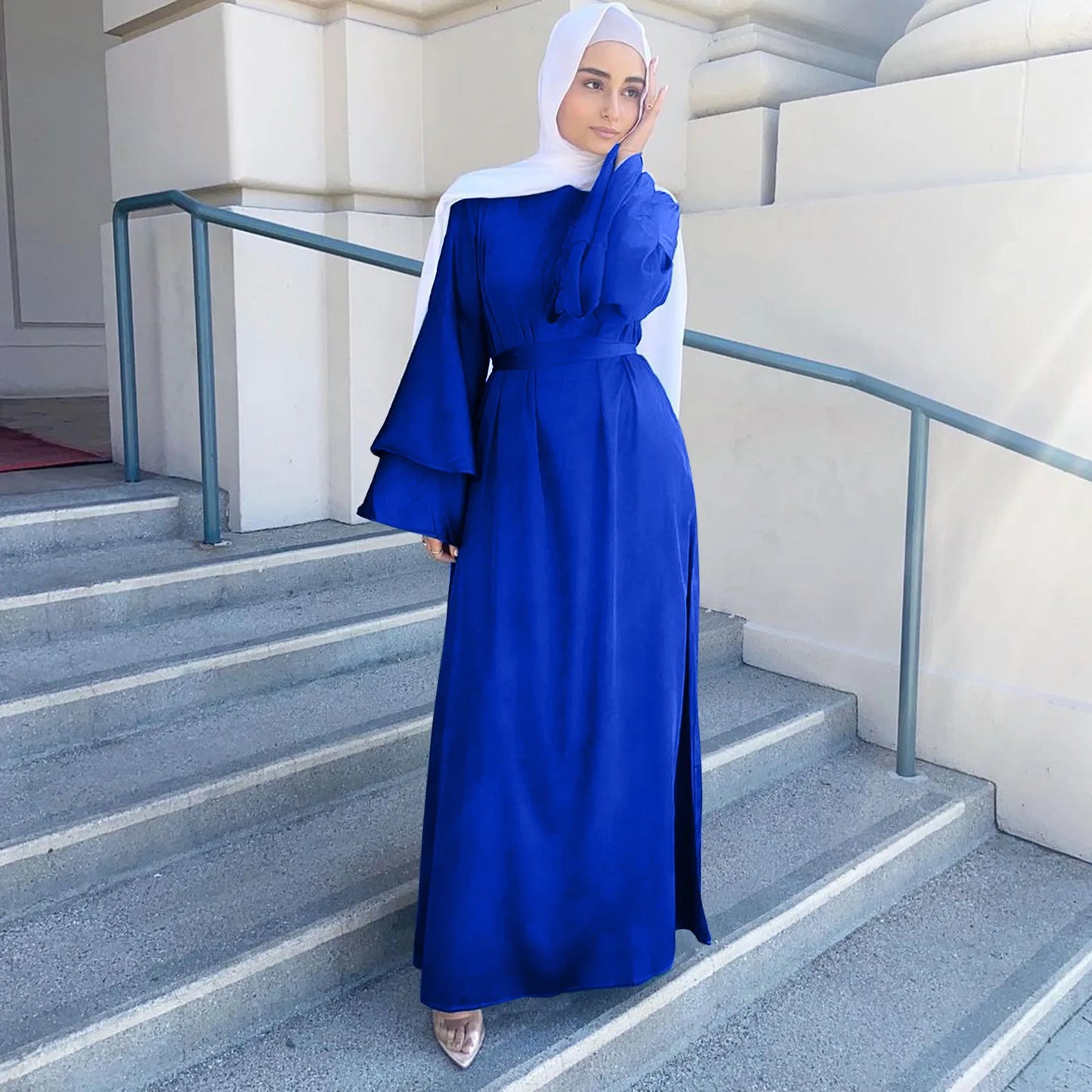 LVSANW Muslim Women Long Sleeve Hijab Dress Soft Satin Dubai Abaya Islam Kaftan Summer Prayer Long Robe Islamic Fashion Clothing