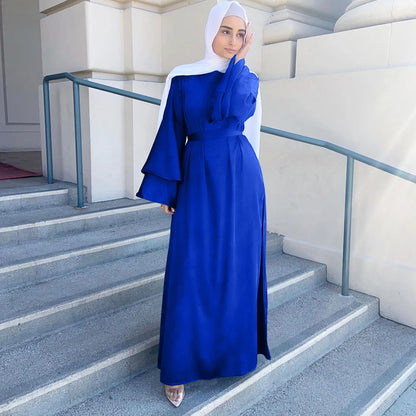 LVSANW Muslim Women Long Sleeve Hijab Dress Soft Satin Dubai Abaya Islam Kaftan Summer Prayer Long Robe Islamic Fashion Clothing