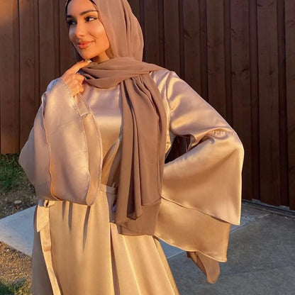 LVSANW Muslim Women Long Sleeve Hijab Dress Soft Satin Dubai Abaya Islam Kaftan Summer Prayer Long Robe Islamic Fashion Clothing