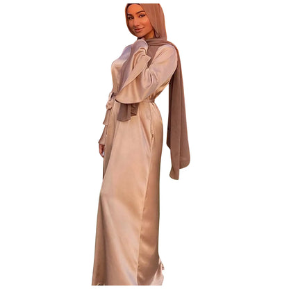 LVSANW Muslim Women Long Sleeve Hijab Dress Soft Satin Dubai Abaya Islam Kaftan Summer Prayer Long Robe Islamic Fashion Clothing