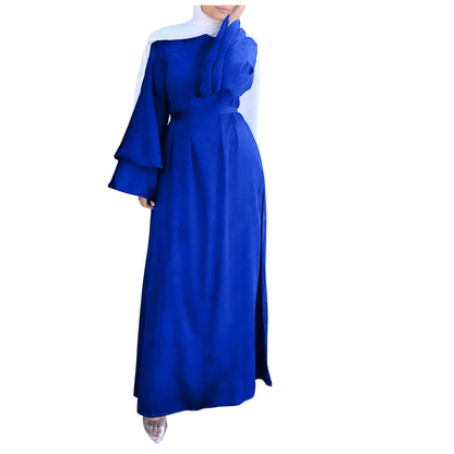 LVSANW Muslim Women Long Sleeve Hijab Dress Soft Satin Dubai Abaya Islam Kaftan Summer Prayer Long Robe Islamic Fashion Clothing