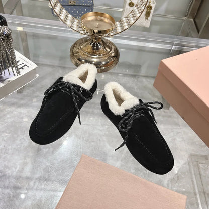 LVSANW NEW Autumn and Winter Genuine Leather Loafers Women Warm Soft Soled Flats Non-slip Casual Shoes Thickening of wool Doudou Shoes