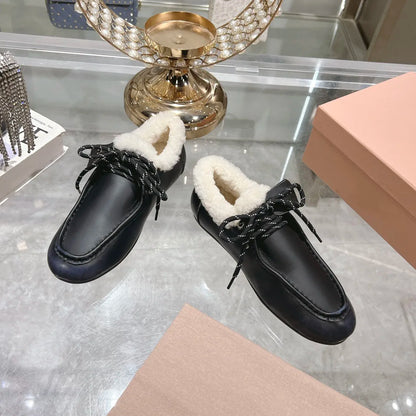 LVSANW NEW Autumn and Winter Genuine Leather Loafers Women Warm Soft Soled Flats Non-slip Casual Shoes Thickening of wool Doudou Shoes