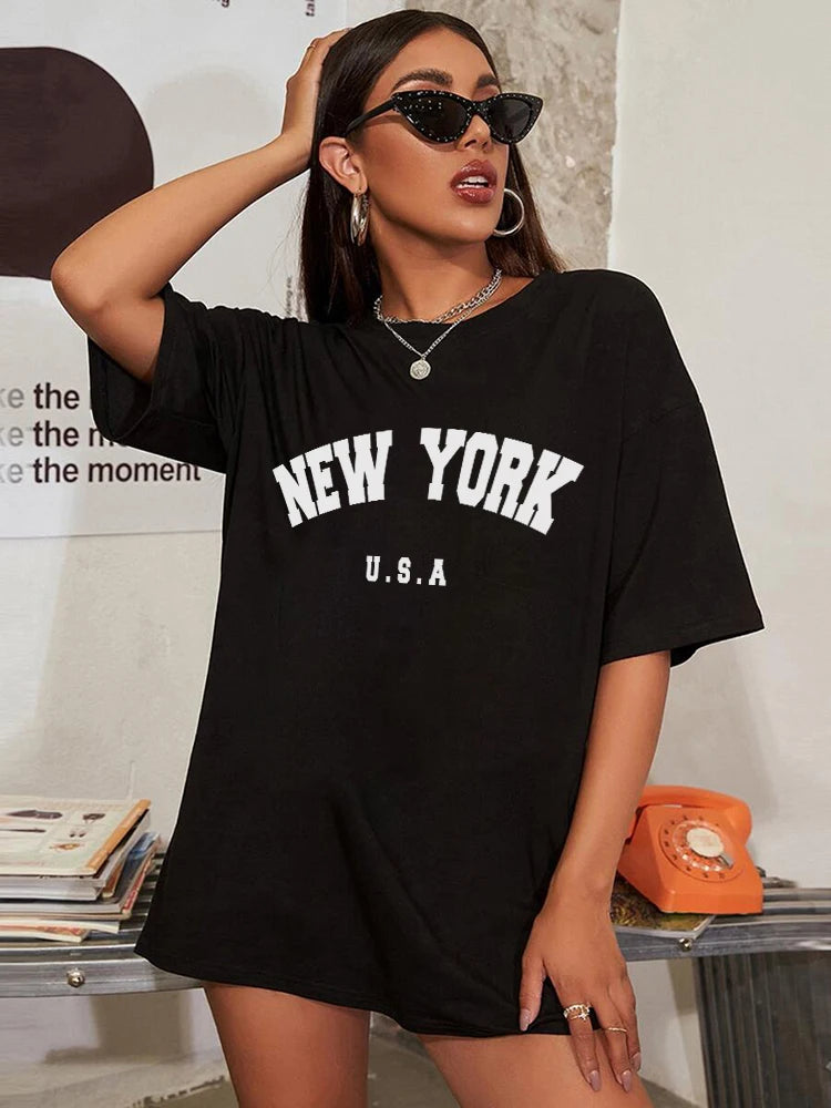 LVSANW NEW YORK U.S.A Street Letter Style Printed Women T-Shirts Cotton Quality Short Sleeve Summer Breathable Hip Hop Tee Clothing