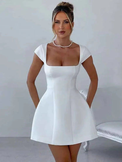 LVSANW NIDANSSI White Pearl Backless Bow Evening Party Dress Women 2024 Robes Elegant Sexy Dress Bodycon Mini Summer Dress Vestidos