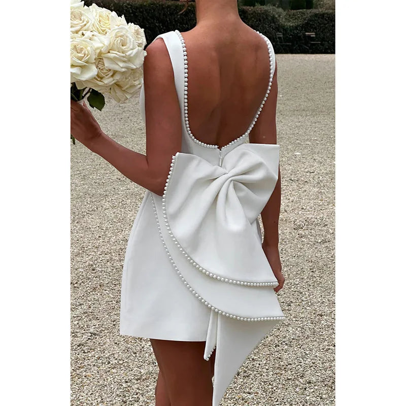 LVSANW NIDANSSI White Pearl Backless Bow Evening Party Dress Women 2024 Robes Elegant Sexy Dress Bodycon Mini Summer Dress Vestidos