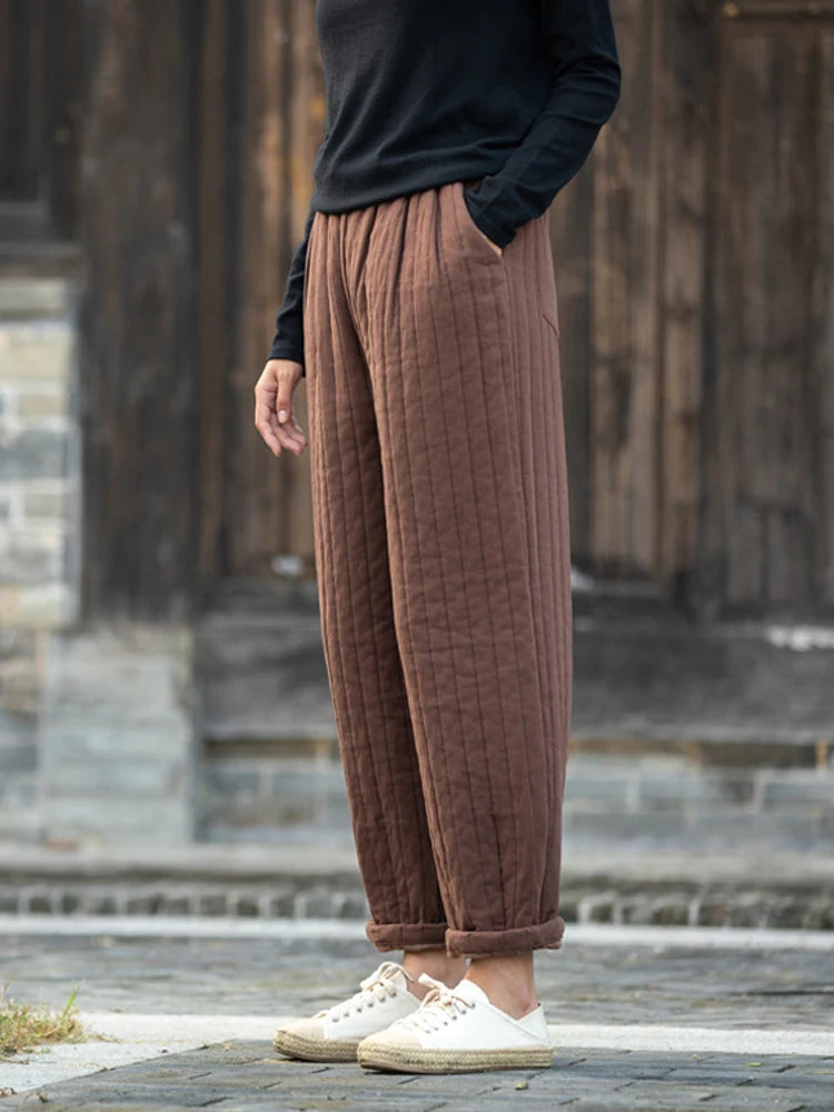 LVSANW NYFS 2025 Winter New Vintage Striped Cotton Pants Rhombic Lines Side Pockets Waist Straight Women Wide Leg Pants