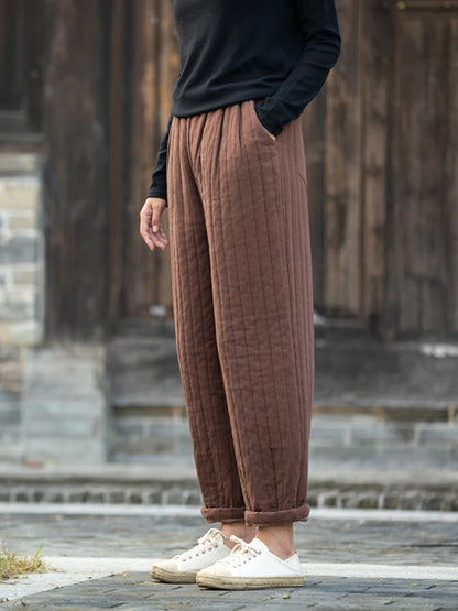 LVSANW NYFS 2025 Winter New Vintage Striped Cotton Pants Rhombic Lines Side Pockets Waist Straight Women Wide Leg Pants