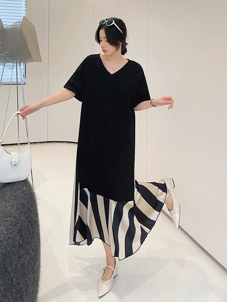 LVSANW NYFS 2024 Summer New Korea Dresses For Women Vestidos Robe Elbise Loose Plus Size Patchwork Silk Velvet Stripe Long Dress