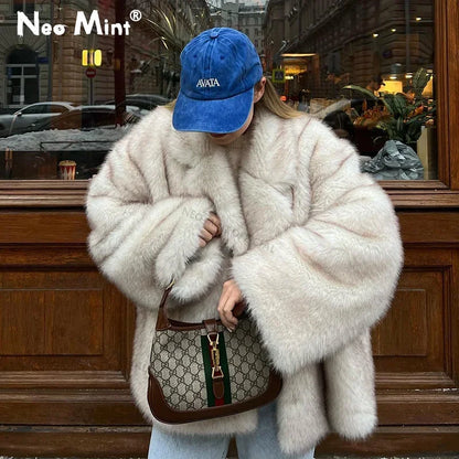 LVSANW Neo Mint 2025 Winter Ins Hot Fashion Girls Oversized Gradient Fur Coat Women Thick Warm Outerwear Fluffy Faux Fox Fur Jacket