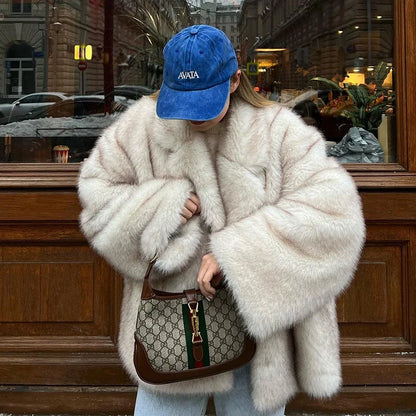 LVSANW Neo Mint 2025 Winter Ins Hot Fashion Girls Oversized Gradient Fur Coat Women Thick Warm Outerwear Fluffy Faux Fox Fur Jacket