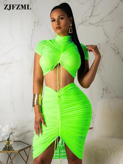 LVSANW Neon Green Yellow Sexy Two Piece Set Women Turtleneck Short Sleeve Crop Top+ Pleated Bodycon Dress Tracksuit 2 Piece Club Outfit