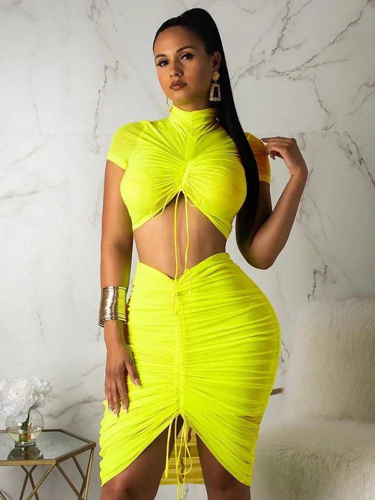 LVSANW Neon Green Yellow Sexy Two Piece Set Women Turtleneck Short Sleeve Crop Top+ Pleated Bodycon Dress Tracksuit 2 Piece Club Outfit