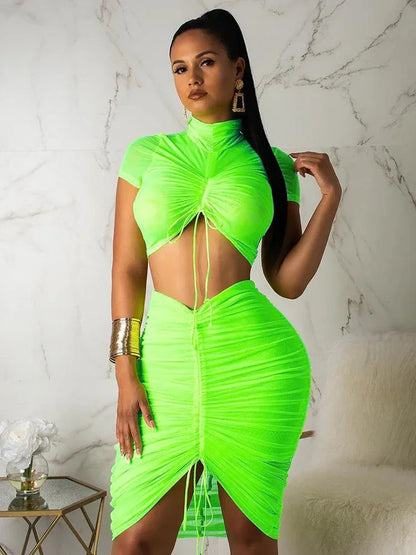 LVSANW Neon Green Yellow Sexy Two Piece Set Women Turtleneck Short Sleeve Crop Top+ Pleated Bodycon Dress Tracksuit 2 Piece Club Outfit