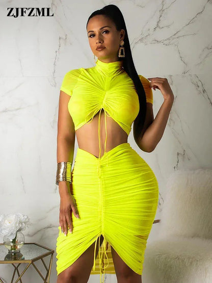 LVSANW Neon Green Yellow Sexy Two Piece Set Women Turtleneck Short Sleeve Crop Top+ Pleated Bodycon Dress Tracksuit 2 Piece Club Outfit