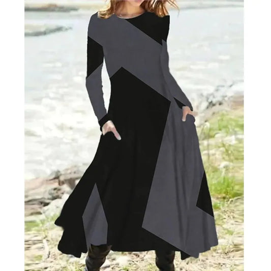 LVSANW New 2024 Women's Casual Elegant Party Dress Contrast Color Ladies Spring Autumn Loose Long Sleeve Dress with Pockets Midi Dress