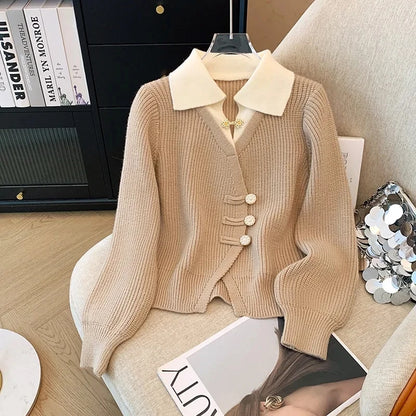 LVSANW New 2025 Autumn Winter Design Splicing Slim Women Knitted Cardigan Sweater Jacket Fashion Fake Two Items Loose Ladies Top