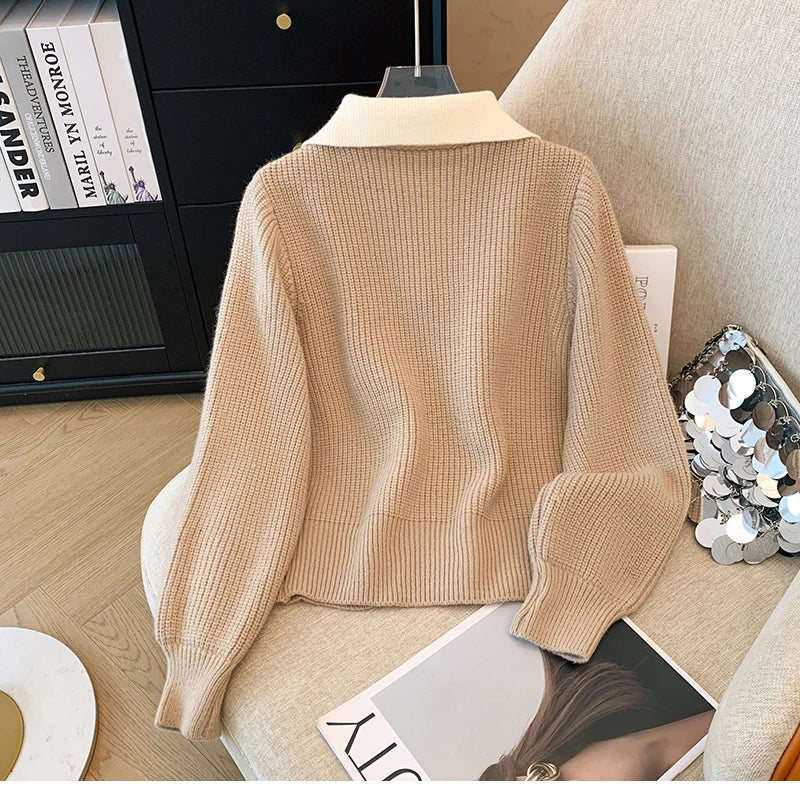 LVSANW New 2025 Autumn Winter Design Splicing Slim Women Knitted Cardigan Sweater Jacket Fashion Fake Two Items Loose Ladies Top