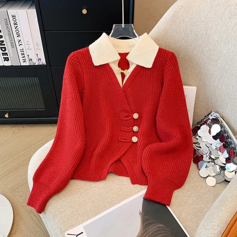 LVSANW New 2025 Autumn Winter Design Splicing Slim Women Knitted Cardigan Sweater Jacket Fashion Fake Two Items Loose Ladies Top