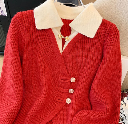 LVSANW New 2025 Autumn Winter Design Splicing Slim Women Knitted Cardigan Sweater Jacket Fashion Fake Two Items Loose Ladies Top