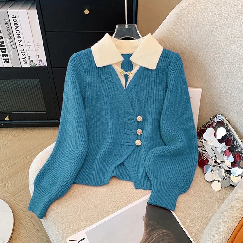 LVSANW New 2025 Autumn Winter Design Splicing Slim Women Knitted Cardigan Sweater Jacket Fashion Fake Two Items Loose Ladies Top