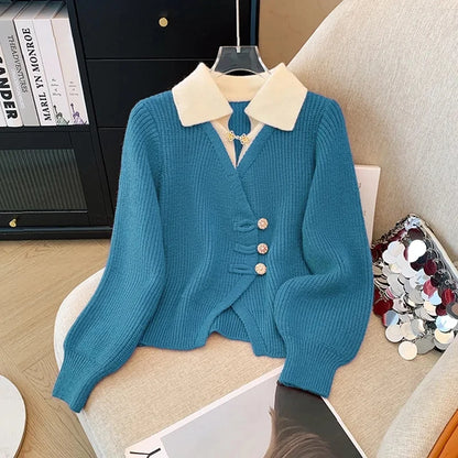 LVSANW New 2025 Autumn Winter Design Splicing Slim Women Knitted Cardigan Sweater Jacket Fashion Fake Two Items Loose Ladies Top