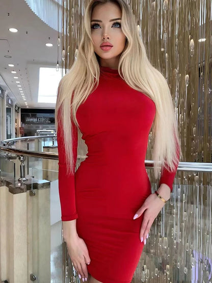 LVSANW New Arrival Turtleneck Long Sleeve Skinny Mini Dress Sexy Skirt Dresses Women Elegant Chest Slim Pleated Dress