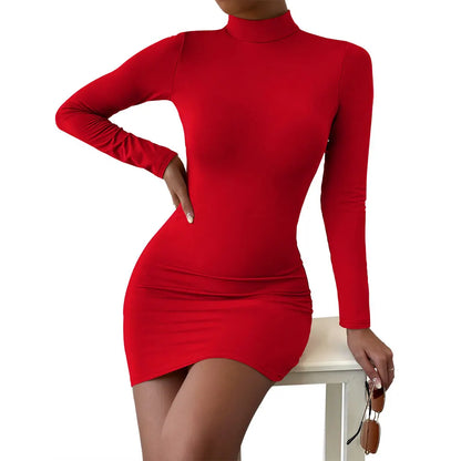 LVSANW New Arrival Turtleneck Long Sleeve Skinny Mini Dress Sexy Skirt Dresses Women Elegant Chest Slim Pleated Dress