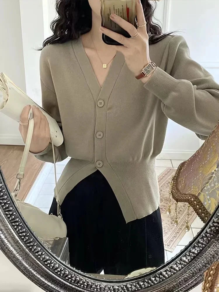 LVSANW New Autumn Korean Fashion Sweater Women Elegant V-neck Long Sleeve Casual Long Sleeve Knitted Cardigan Coat Knitwear Clothing