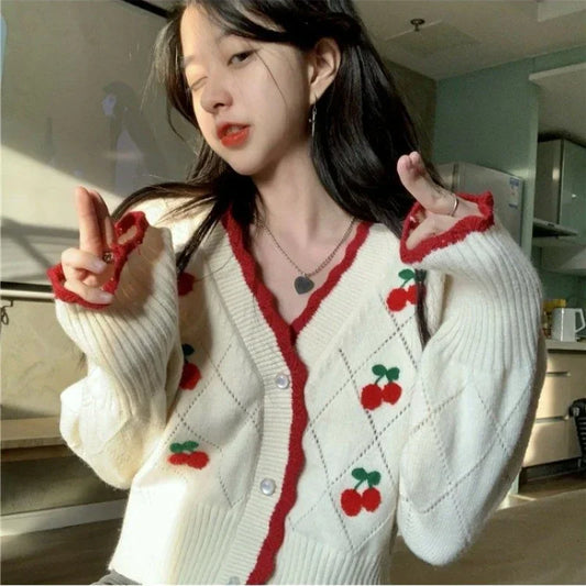 LVSANW New Autumn V-neck Long Sleeve Knitting Sweater Women Casual Loose Button Floral All-match Tops Sweet Cherry Cardigan Crop Top