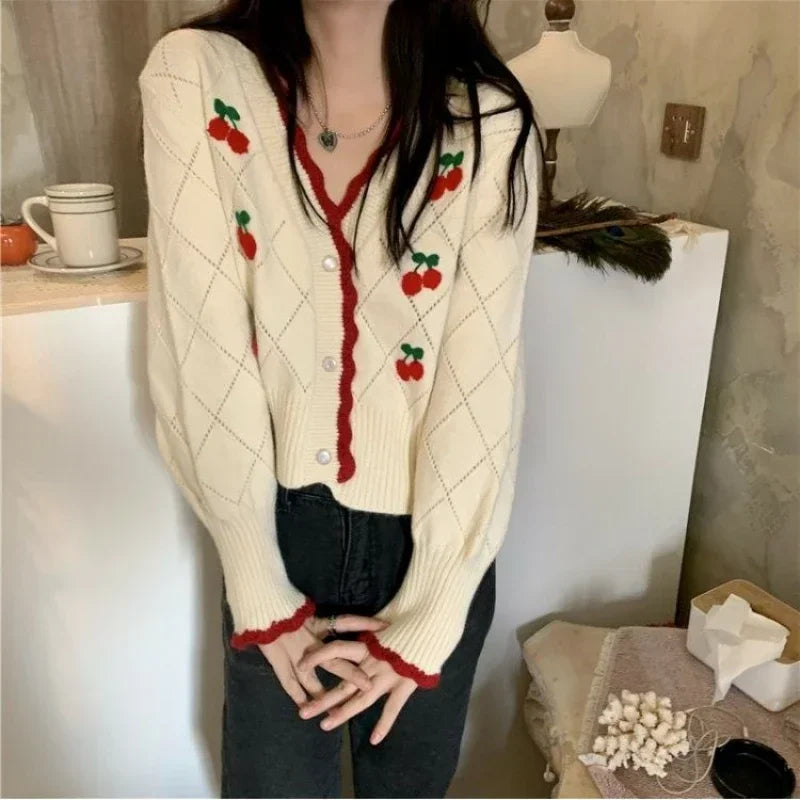 LVSANW New Autumn V-neck Long Sleeve Knitting Sweater Women Casual Loose Button Floral All-match Tops Sweet Cherry Cardigan Crop Top