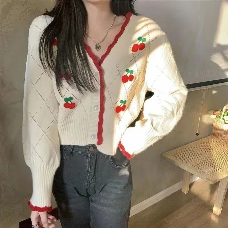 LVSANW New Autumn V-neck Long Sleeve Knitting Sweater Women Casual Loose Button Floral All-match Tops Sweet Cherry Cardigan Crop Top