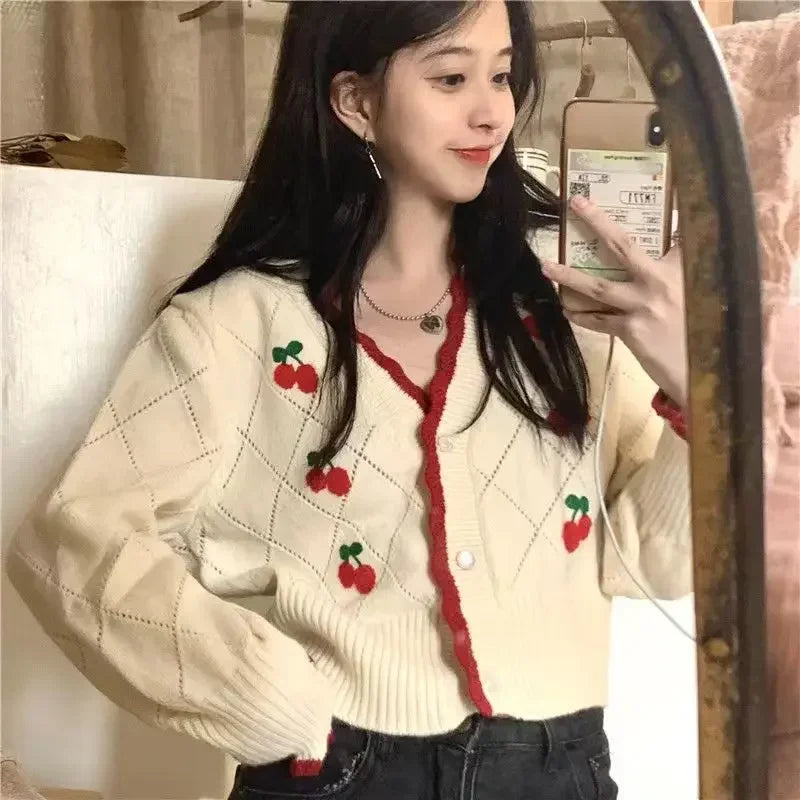 LVSANW New Autumn V-neck Long Sleeve Knitting Sweater Women Casual Loose Button Floral All-match Tops Sweet Cherry Cardigan Crop Top